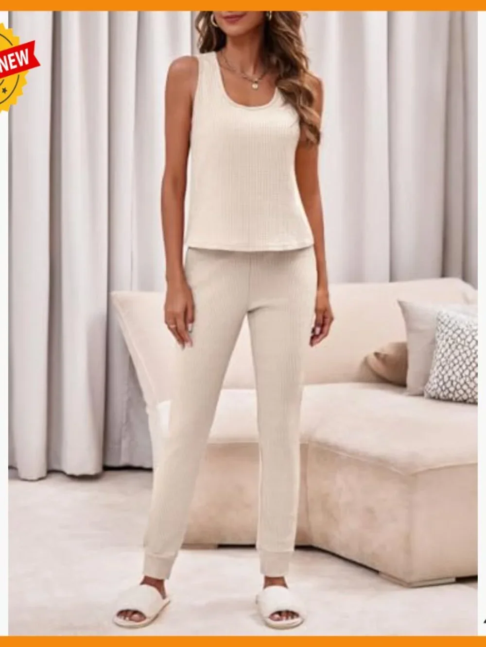 3 Piece Waffle Knit Lounge Set with Cardigan Joggers Tank Top - Picture 4 of 6